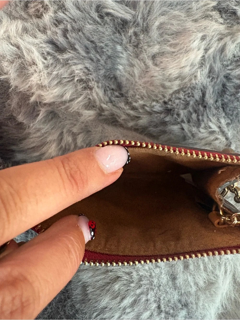Coach Brown Signature Card Case with Red Trim and Gold Key Ring